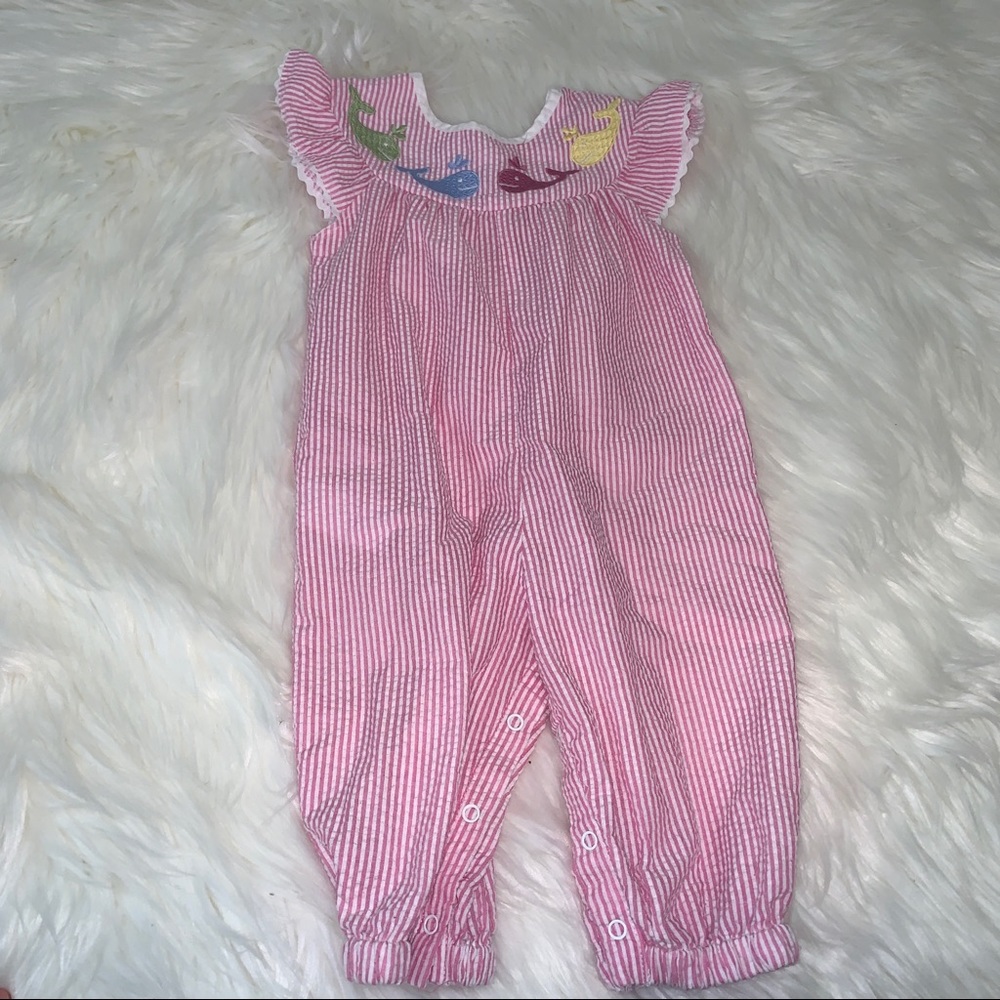 Lil Cactus - seersucker whale romper - 6-12 mo